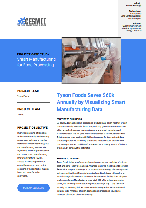 Tyson Foods Saves $60k Annually by Visualizing Smart Manufacturing Data BENEFITS TO OUR NATION US poultry, beef and chicken processors produce $296 billion worth of protein case study preview