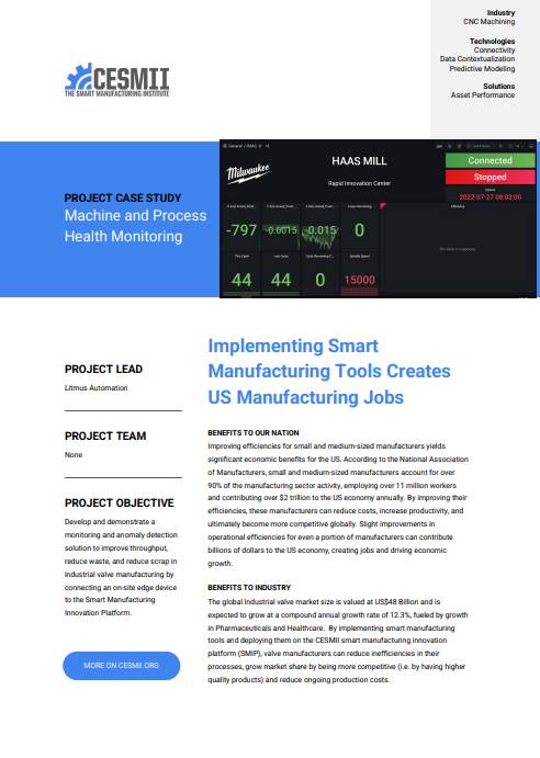 Implementing Smart Manufacturing Tools Creates US Manufacturing Jobs BENEFITS TO OUR NATION Improving efficiencies for small and medium-sized manufacturers yields case study preview