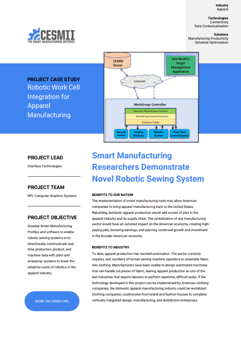Smart Manufacturing Researchers Demonstrate Novel Robotic Sewing System BENEFITS TO OUR NATION The implementation of smart manufacturing tools may allow American case study preview
