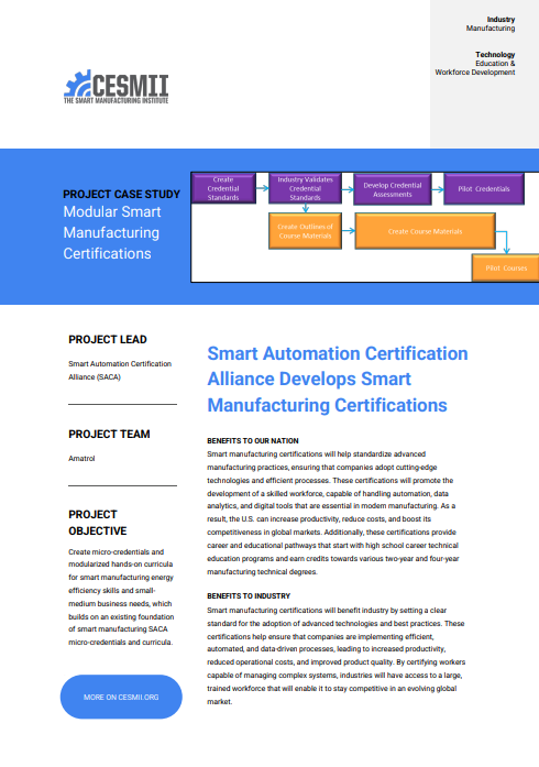 Smart Automation Certification Alliance Develops Smart Manufacturing Certifications BENEFITS TO OUR NATION Smart manufacturing certifications will help standardize advanced case study preview
